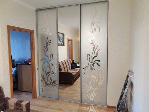 Двери-купе для встроенного шкафа,в проем 2420*2170 (3 штуки).Профиль аристо («с-эко»,матовый хром).Крайние-пескоструйный рисунок,фон матовый,центральная-зеркало.Стоимость 28252 рублей с замером и установкой. Выполнено 17 июня 2020 года.